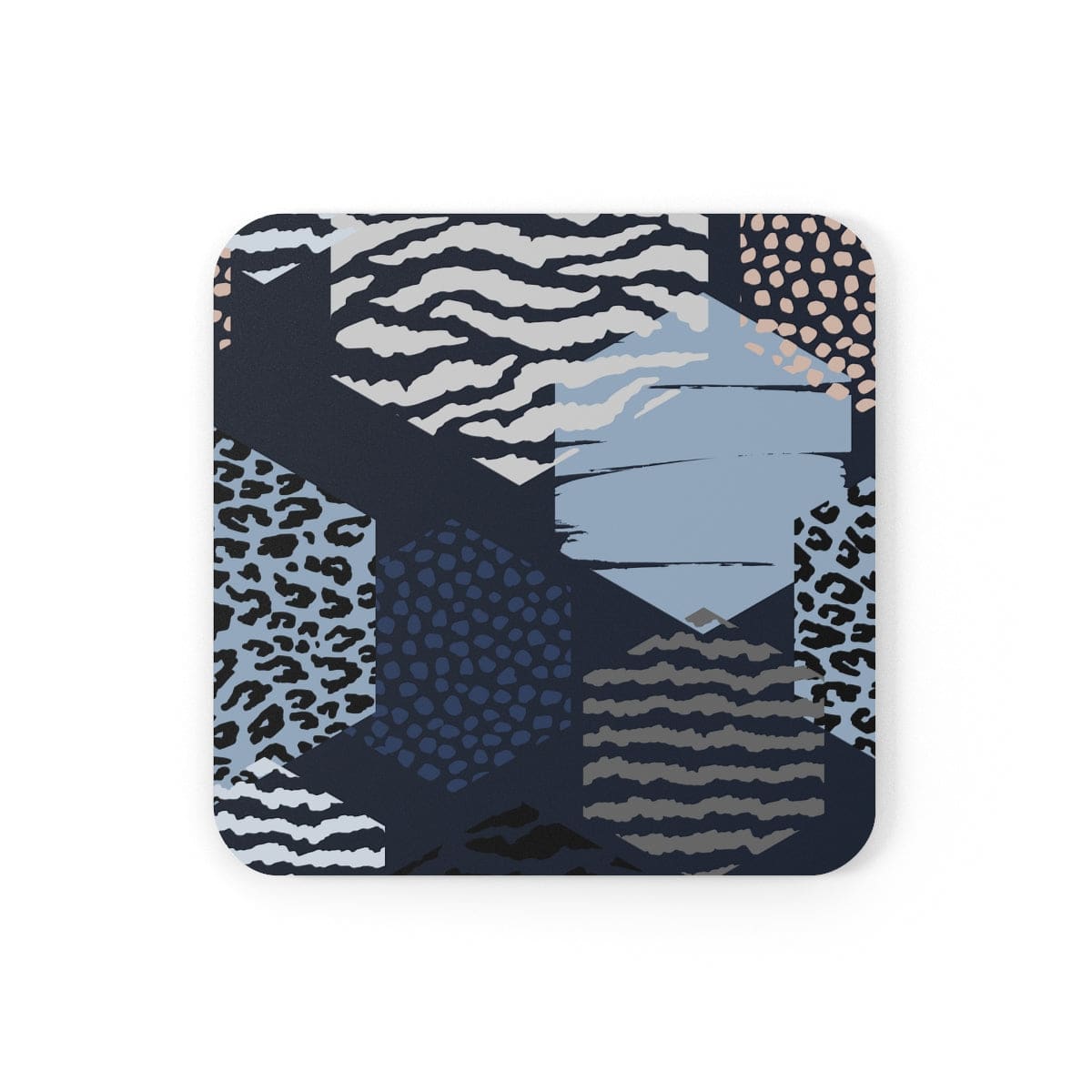 Home Decor - Coaster Set - 4 Piece Home/office - Blue Grey White Hexagon Print
